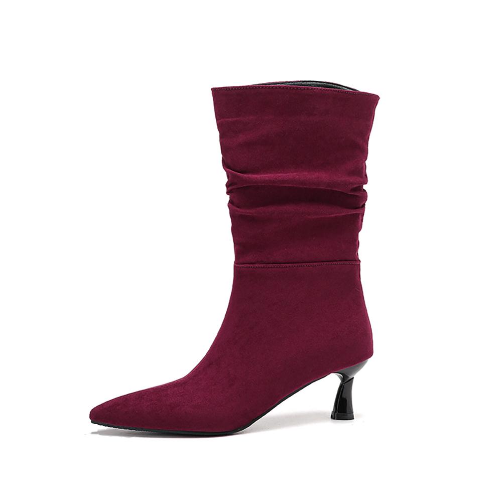 Black Wine Red Women Mid Calf Boots Pointed Toe Mid Heel Small Big Size 32 48