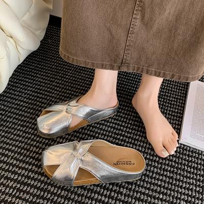 2025 New Bag Head Cool Slippers Women's Summer Wear Flat Bottom Half Drag Middle Heel Casual Muller Cool Slippers