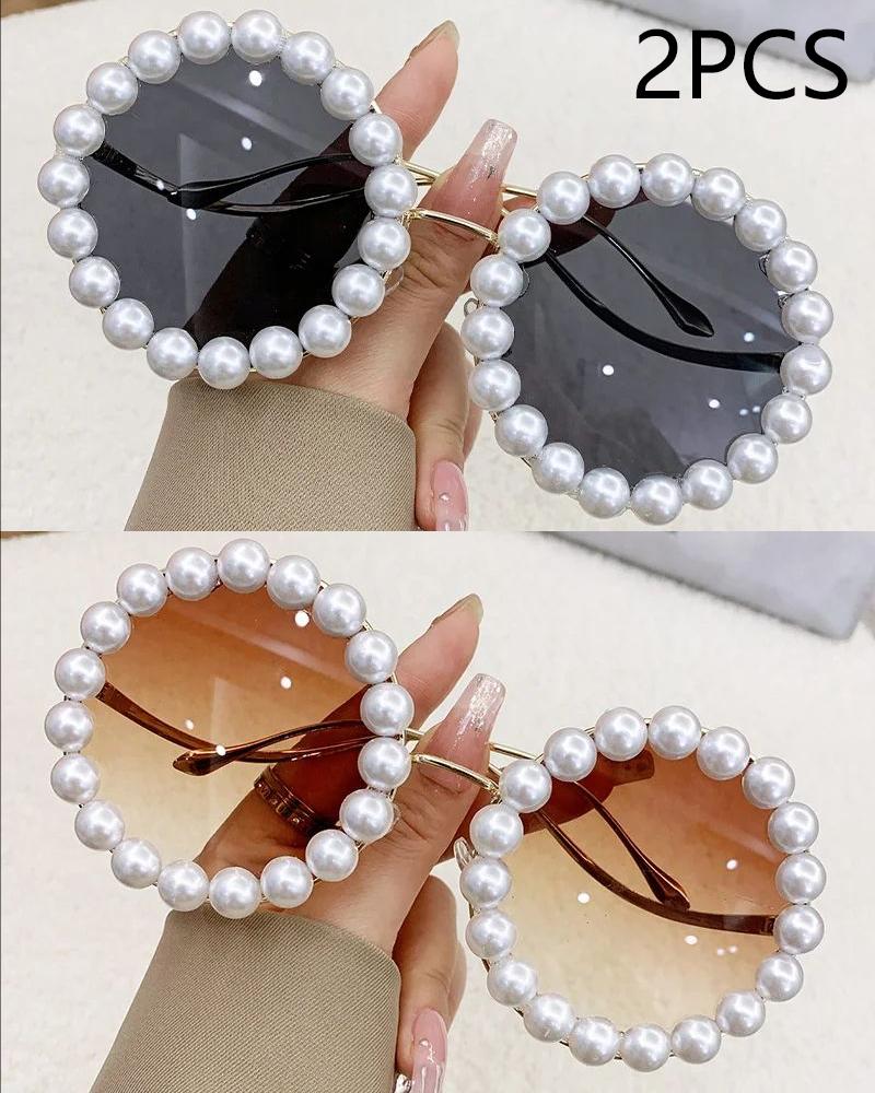Pearl Round Framed Sunglasses Ins Stylish Wavy Leg Gradient Sunglasses UV400
