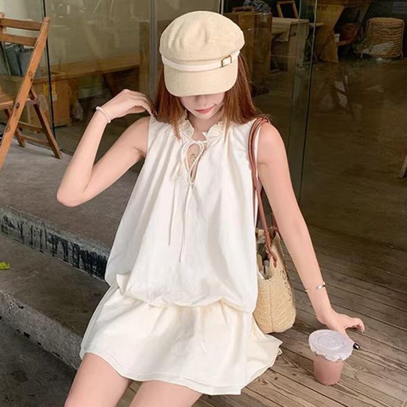 French Korean lace-up vest sleeveless dress women's summer new small bud short skirt set
