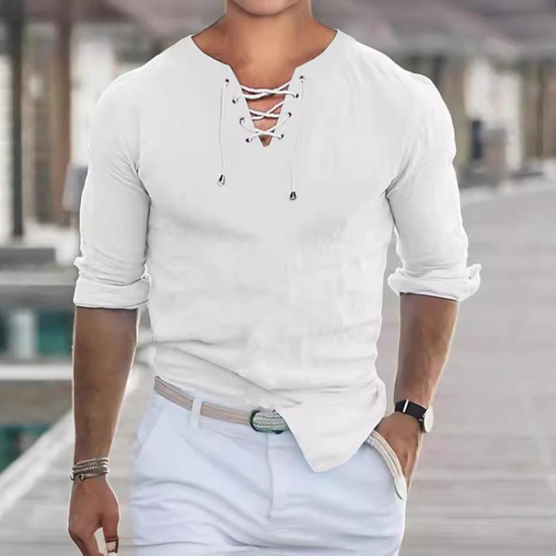 Herren Freizeitshirt Weiß Blau Grau Langarm Einfarbig V-Ausschnitt Frühling und Sommer Freizeit Festival Kleidung Kleidung zum Schnüren