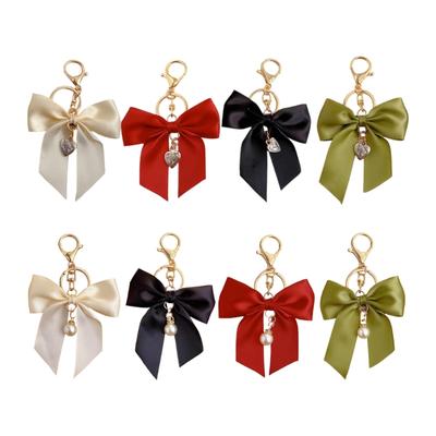 Elegant Ribbon Bows Keychain With Imitation Pearls Detail For Handbag Purse Decoration Practical Metal Keyring Accessory