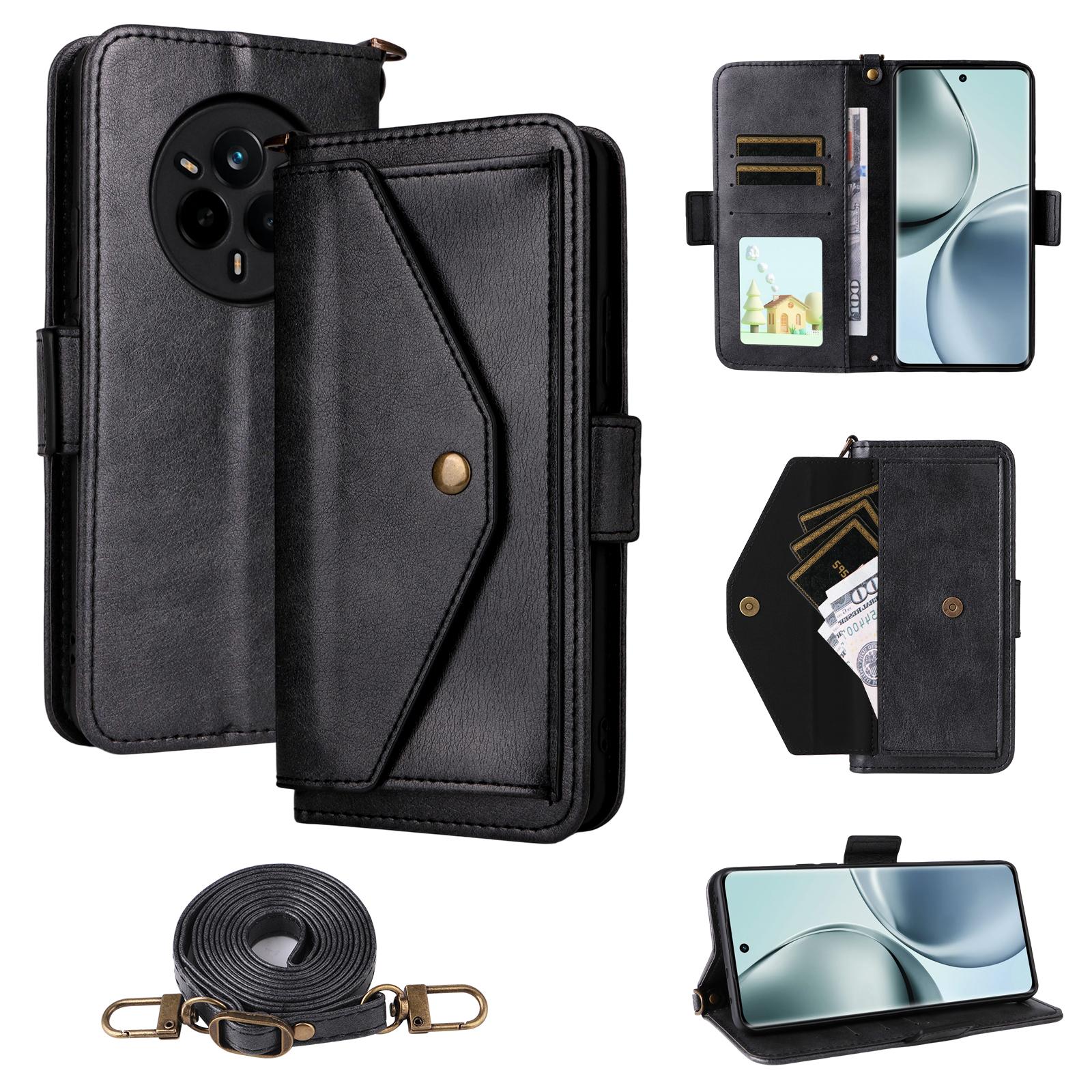 

For Realme 14 Pro 5G/Narzo 80 Pro 5G Leather Case Magnetic Closure Wallet Stand Phone Cover with Crossbody Strap Black