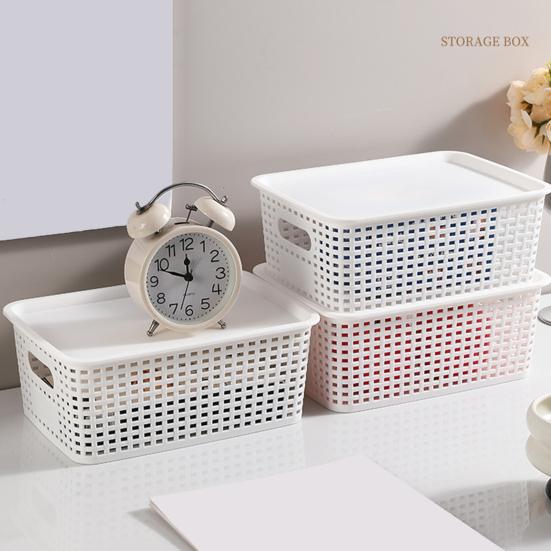Aufbewahrungsbox mit Deckel, Imitations-Rattan-Geflecht, Schreibtisch-Organizer, Mehrzweck-Aufbewahrungskorb für Fernbedienungen, Kosmetikartikel und Snacks
