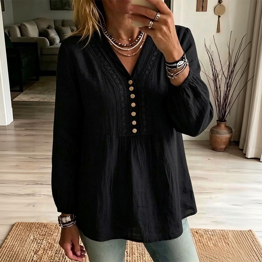 Women's V-Neck Lace Trim Long Sleeve Blouse Color Button Front Casual Shirt Top