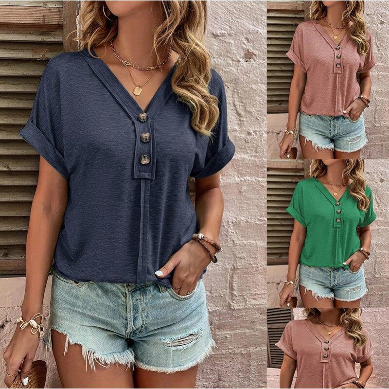 2023 Spring Casual Tee Summer Top Fashion Women Loose T-Shirt Office Ladies Solid Button Loose Short Sleeve Shirt Elegant 26252