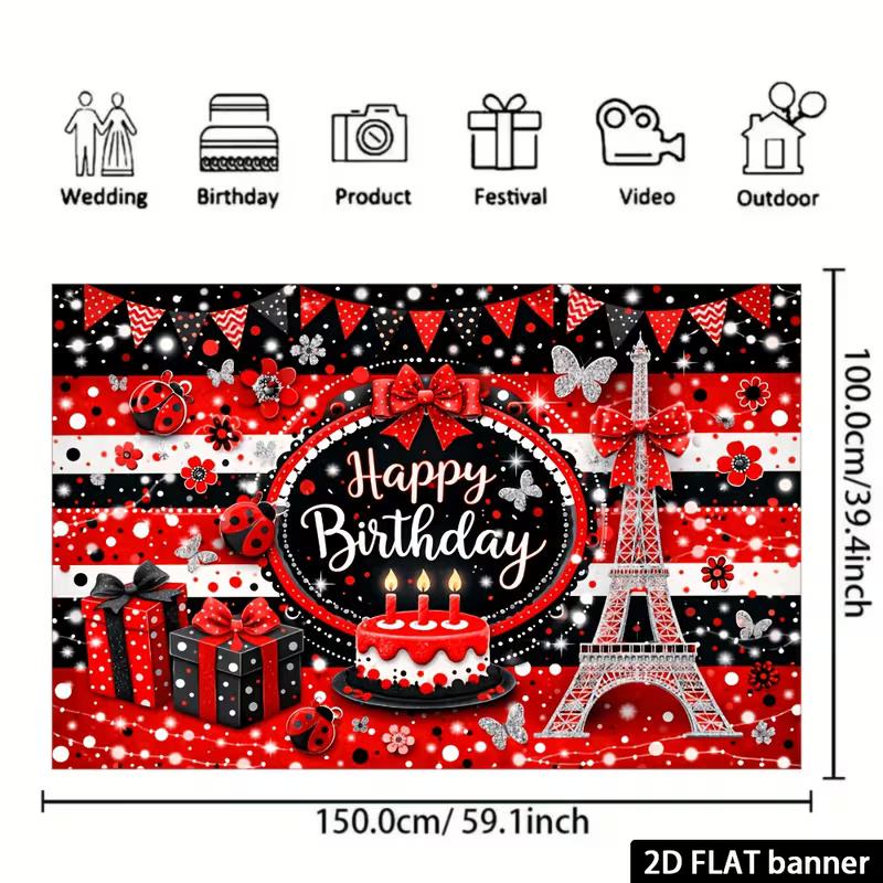 2D Ladybug Birthday Backdrop, Paris Eiffel Tower Banner, Red Black Happy Birthday Party Decor