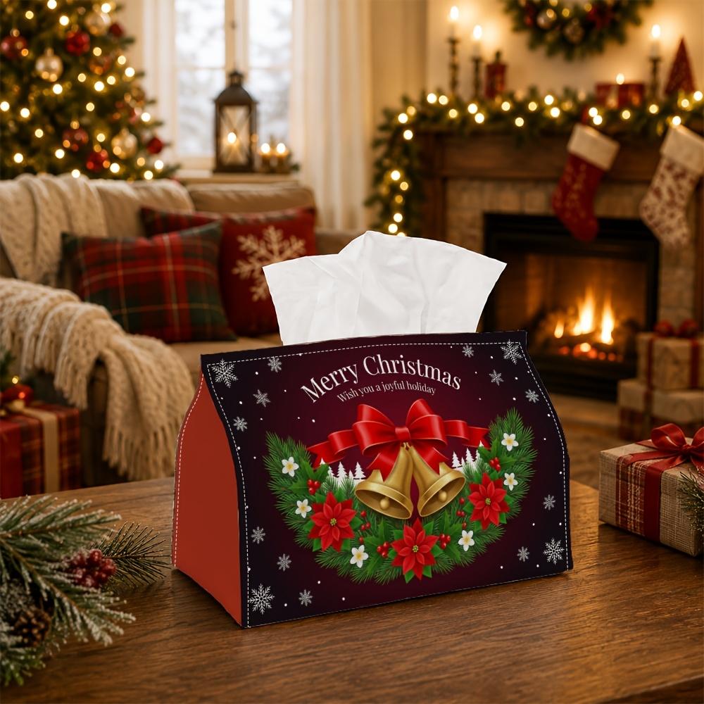 1pc Traditional Elegant Tissue Box - Multi-functional Napkin Box, Available Made of Durable Polyester, Decorated with Bell Poinsettia Garland, Suitabl