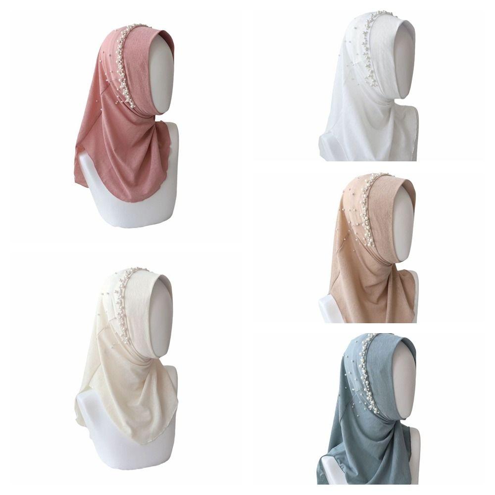Simple Solid Color Beads Hijab Pull On Style Stretchable Head Wraps Quick Drying Shawls Sun Protection Headscarf Girls