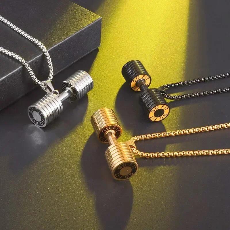 Coole Titanstahl Kurzhantel Anhänger Halskette Langhantel Fitness Anhänger für Männer und Frauen Freizeit Sport Punk Schmuck