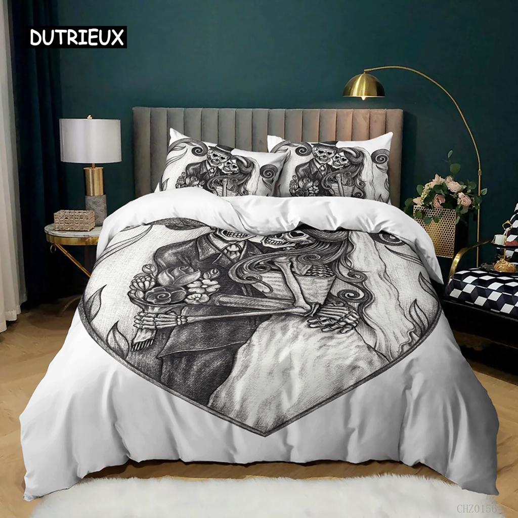 Skull Duvet Cover Set Rose Twin Skeleton Kiss Comforter Cover Teens Gothic Skeleton Double Queen King Size Polyester Qulit Cover