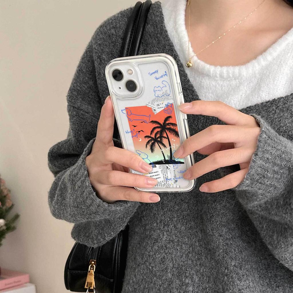 ins niche illustration sunset coconut tree for iPhone16promax Apple 15pro mobile phone case 14 new 13