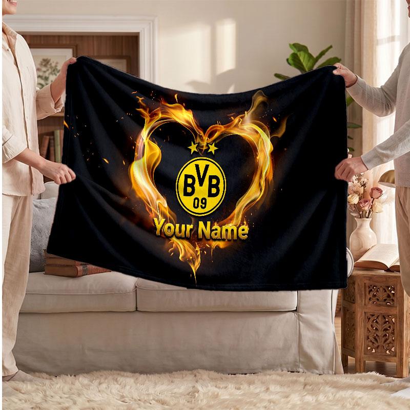 Couverture en polaire personnalisée Borussia Dortmund avec logo de football, texte de nom personnalisé, couverture d'appoint douce et chaude pour la maison