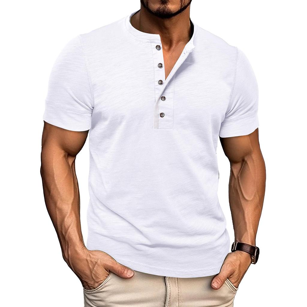 Men’s T-shirts Henley Collar Short Sleeves Cotton Polo Shirts Solid Color Casual Tops