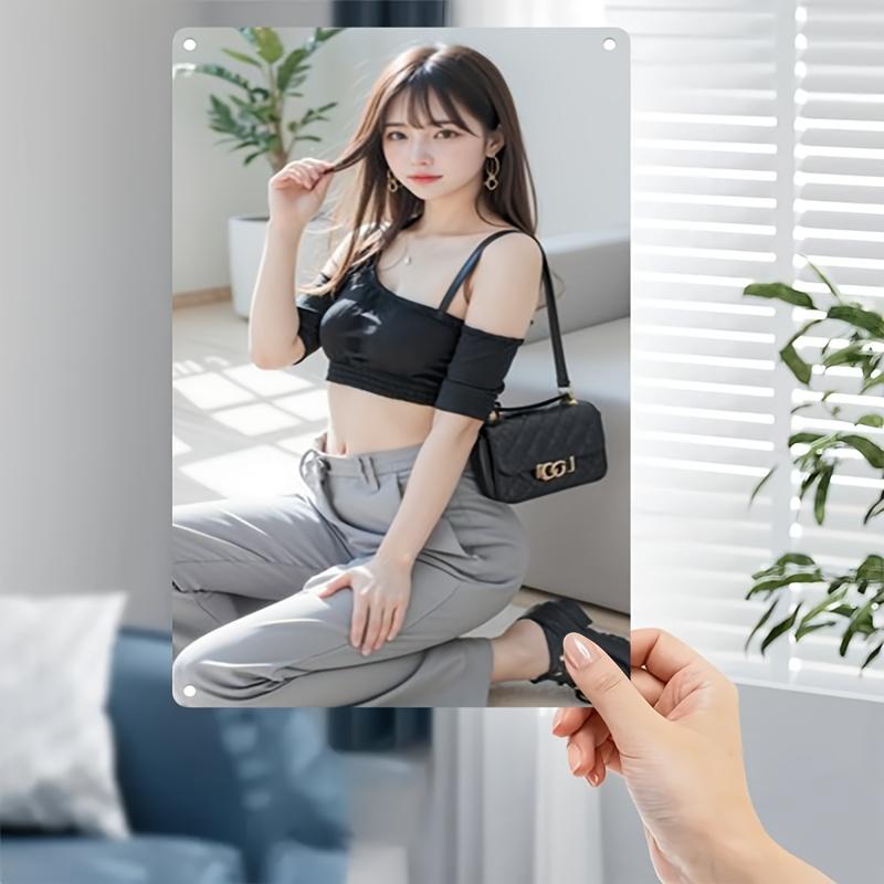 Vintage Metal Tin Sign Fashion Asian Girl In Black Crop Top Gray Pants Retro Wall Art Decor for Home Bedroom Cafe
