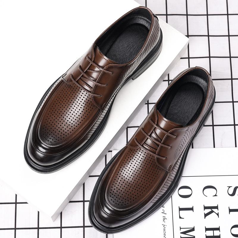 Men's shoes breathable dress hollow leather shoes 2025 summer new men's soft-soled punching shoes 2025