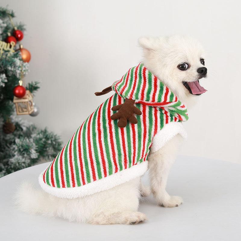 Christmas Reindeer Pet Hoodie for Small Dogs - Red Green Striped Puppy Clothing (Festive Holiday Style)