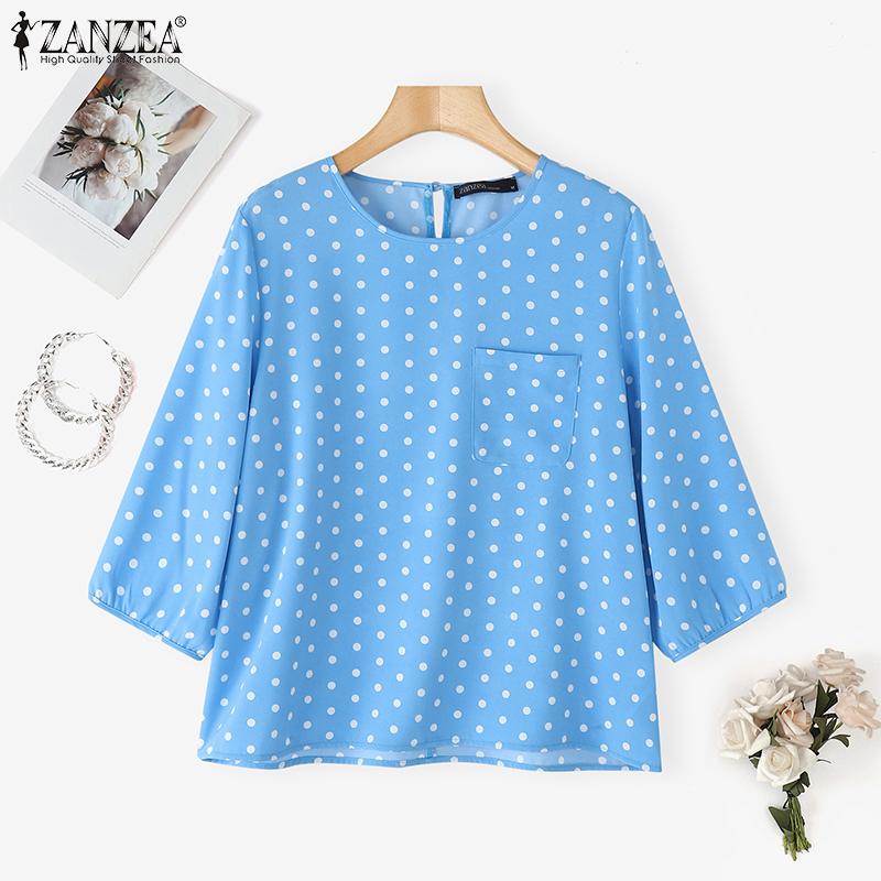 ZANZEA Women Casual Round Neck 3/4 Sleeve Polka Dot Print Loose Blouse