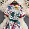 Summer Women European Style Designer Runway Dress Vintage Print Turn-down Collar Shirt Party Dresses