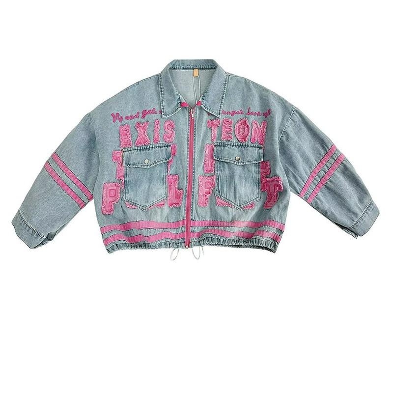 Женский Винтажный Деним Комплект Потертый Свободная Куртка Широкие Брюки Streetwear