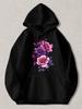 Black Pullover Hoodie with Vibrant Pink and Purple Rose Floral Print, Long Sleeve Sweatshirt with Kangaroo Pocket, Casual Streetwe