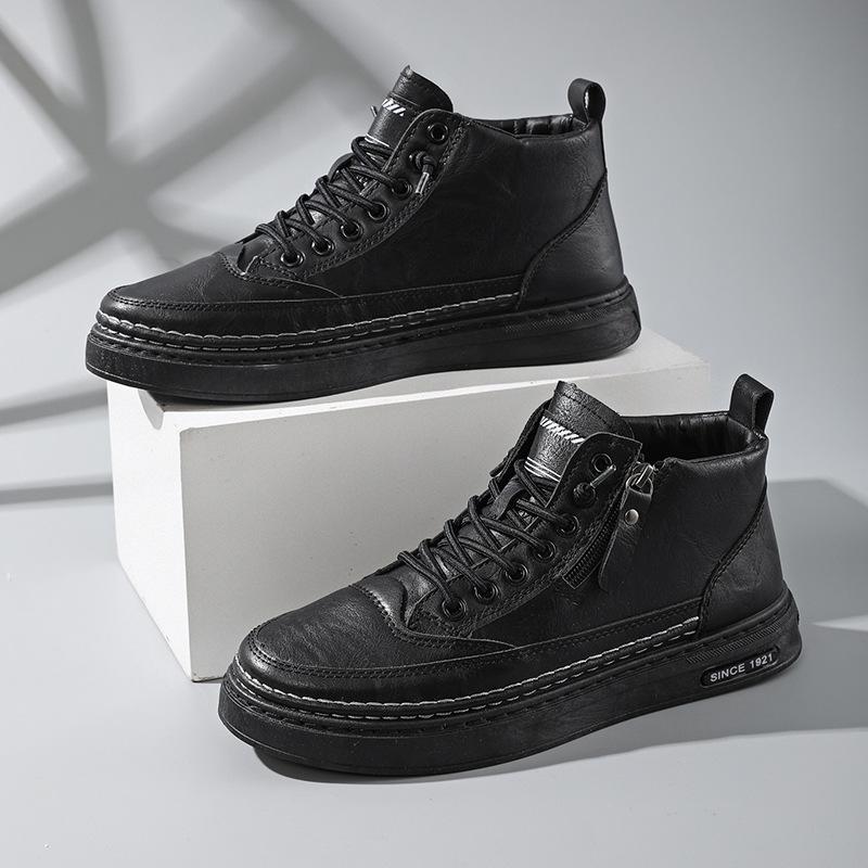 

Foreign trade new high-top board shoes popular men s shoes zipper men s casual leather shoes velvet warm cotton shoes Martin tide shoes 39