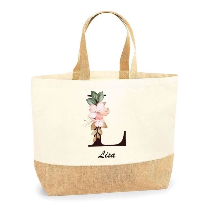 Cabas de plage - PLANETEE - Lisa Lettre Fleur - Jute naturel - Poignées solides - Fabriqué en France