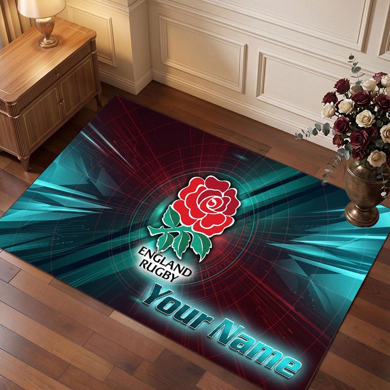 Tappeto in Velluto di Cristallo Personalizzato Rugby Inghilterra, Tappeto Morbido Antiscivolo con Testo Nome Personalizzato per Soggiorno Camera da Letto