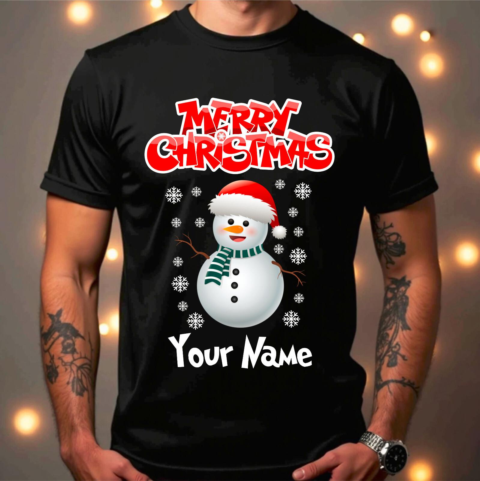 Personalised Merry Christmas Snowman Name T-Shirt Funny Santa Xmas Unisex Gifts M