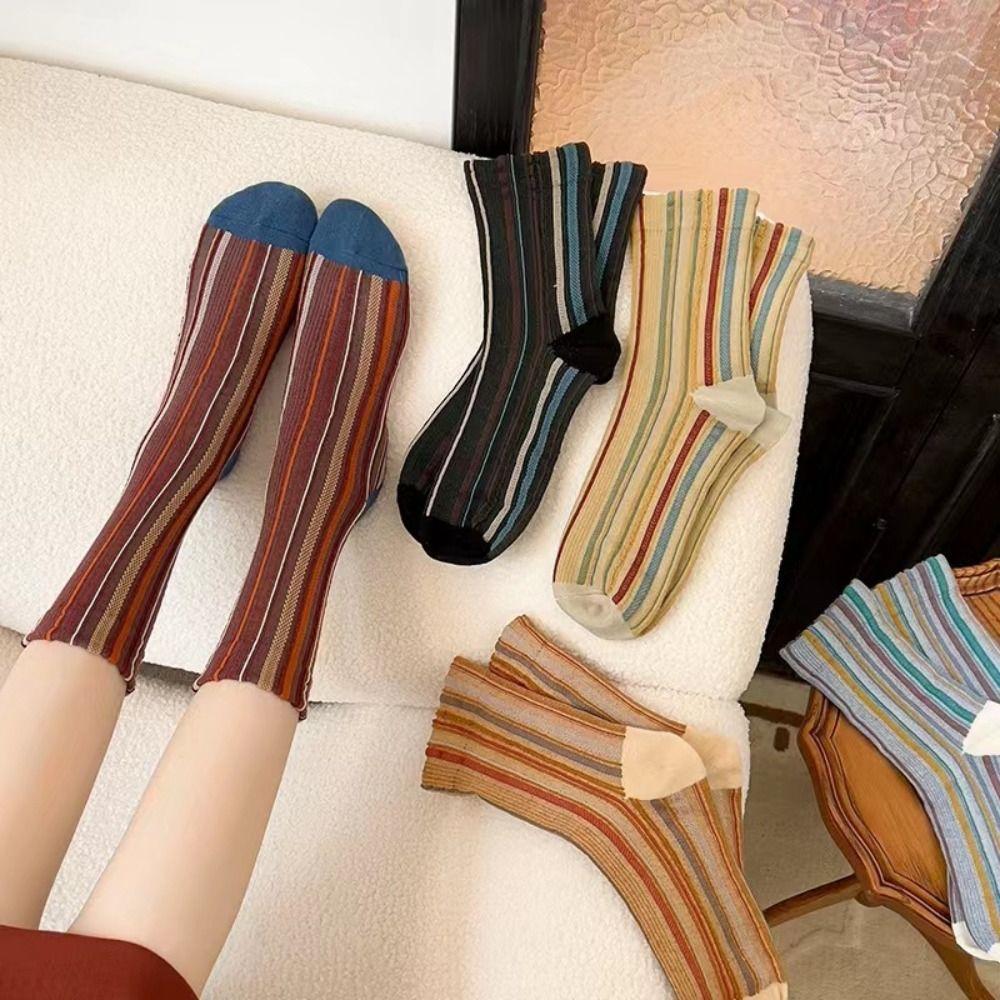 5 Pair Fashion Retro Harajuku Socks Colorful Striped Korean Style Crew Socks Soft Breathable Mid-calf Socks for Women