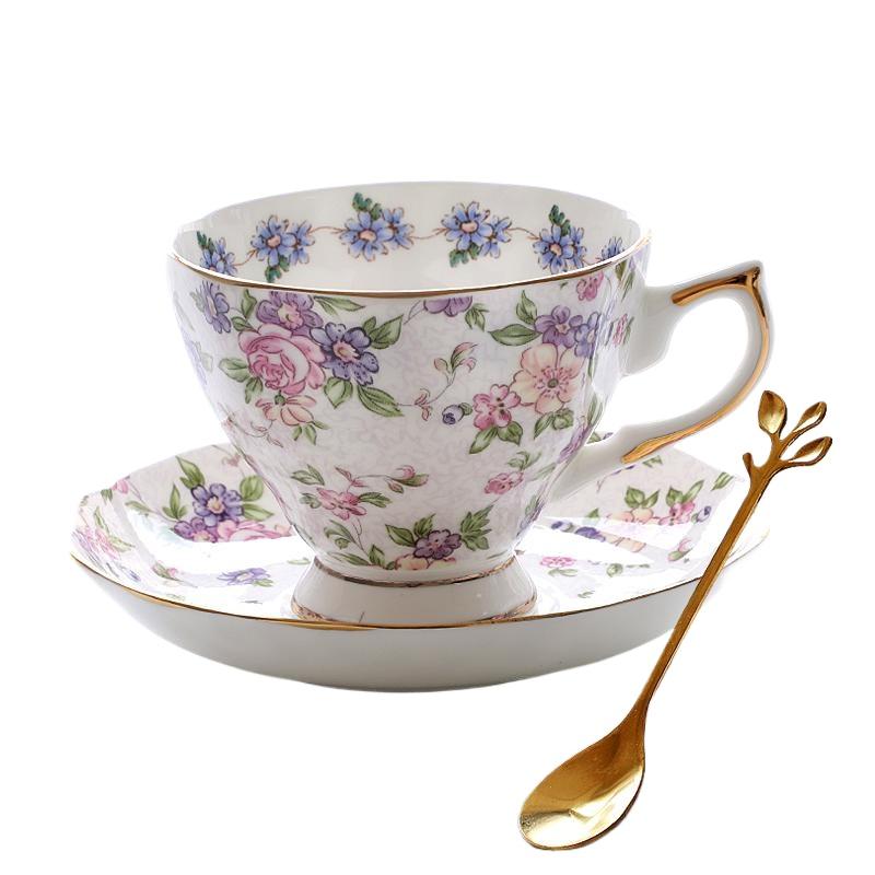 Bone China Cup and Saucers 180ml - Purple Pink Floral Practical Coffee Cup with Gold Trim Elegant Dining Tableware, 1 Set