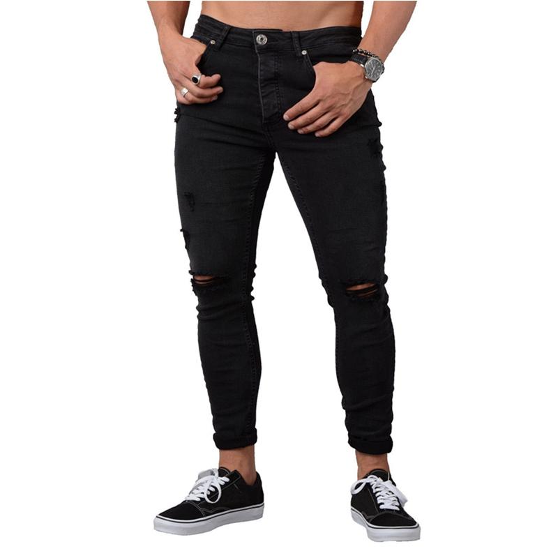 Pánská móda Sexy Slim Fit Spodní tužkové kalhoty Denim Dírky na kolenou Roztrhaný Street Style Skinny džíny