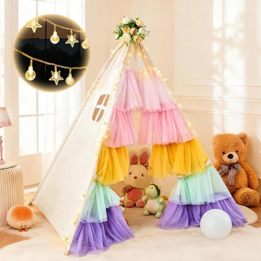 Hallo Deer Teepee Tent designed for Toddler Teepee featuring Star Lights Rainbow Tulle Girls Princess Enjoy Tent Foldable Teepee Tent designed for United States