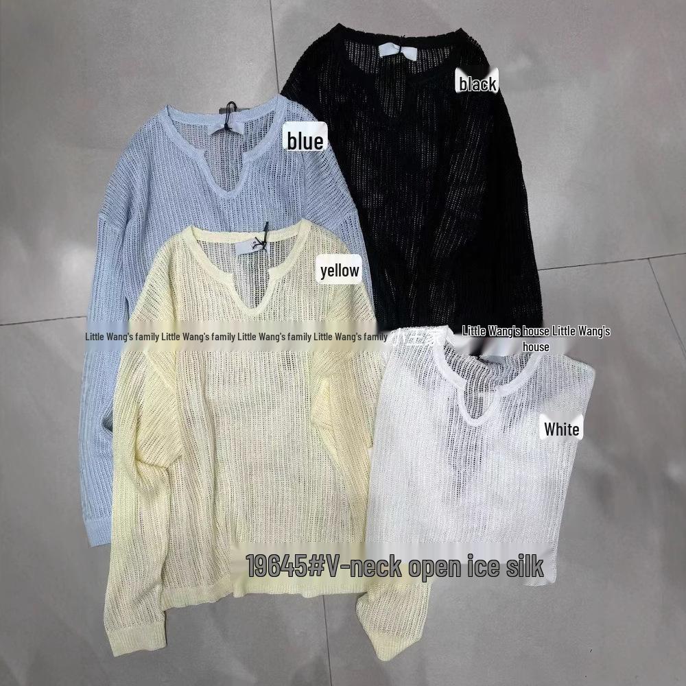

Xiao Wang s Summer Loose V-Neck Plus Size Knitted Sunscreen Top One Size