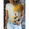 Women Crew Neck T-shirt Art Painting Lady Golden Tree Reflection Print Short Sleeve Casual Summer Top
