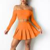 Women Long Sleeve Set Solid Color Casual Outfit Strapless Pleated Skirt Suit