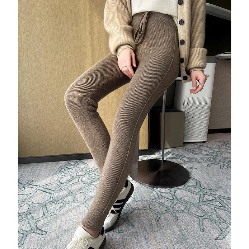 Damen Cashmere High-Waist Gestreifte Schlankmachende Hose: Bauchkontrolle, Po-Lifting, Warm, für Herbst/Winter, Innen- oder Außenbekleidung.