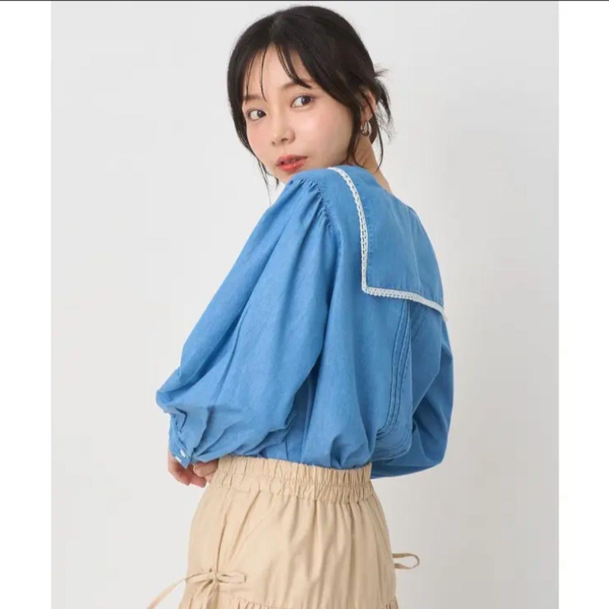 [Extremely Good Condition] earth music&ecology Earth Music & Ecology Sailor Collar Collar Blouse F Indigo