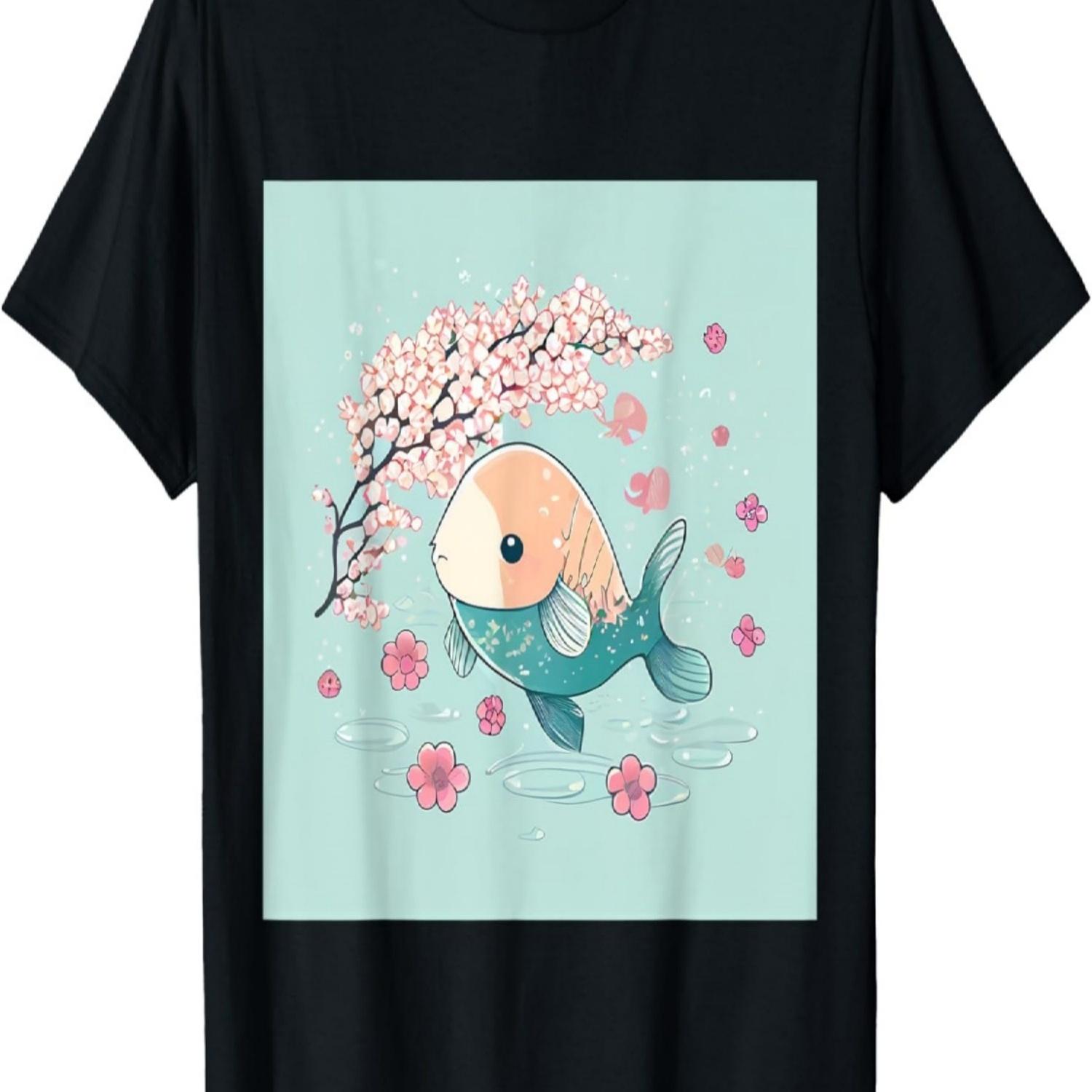 

Cute colorful pastel Fish swimming cherry blossom flowers T-Shirt S чёрный