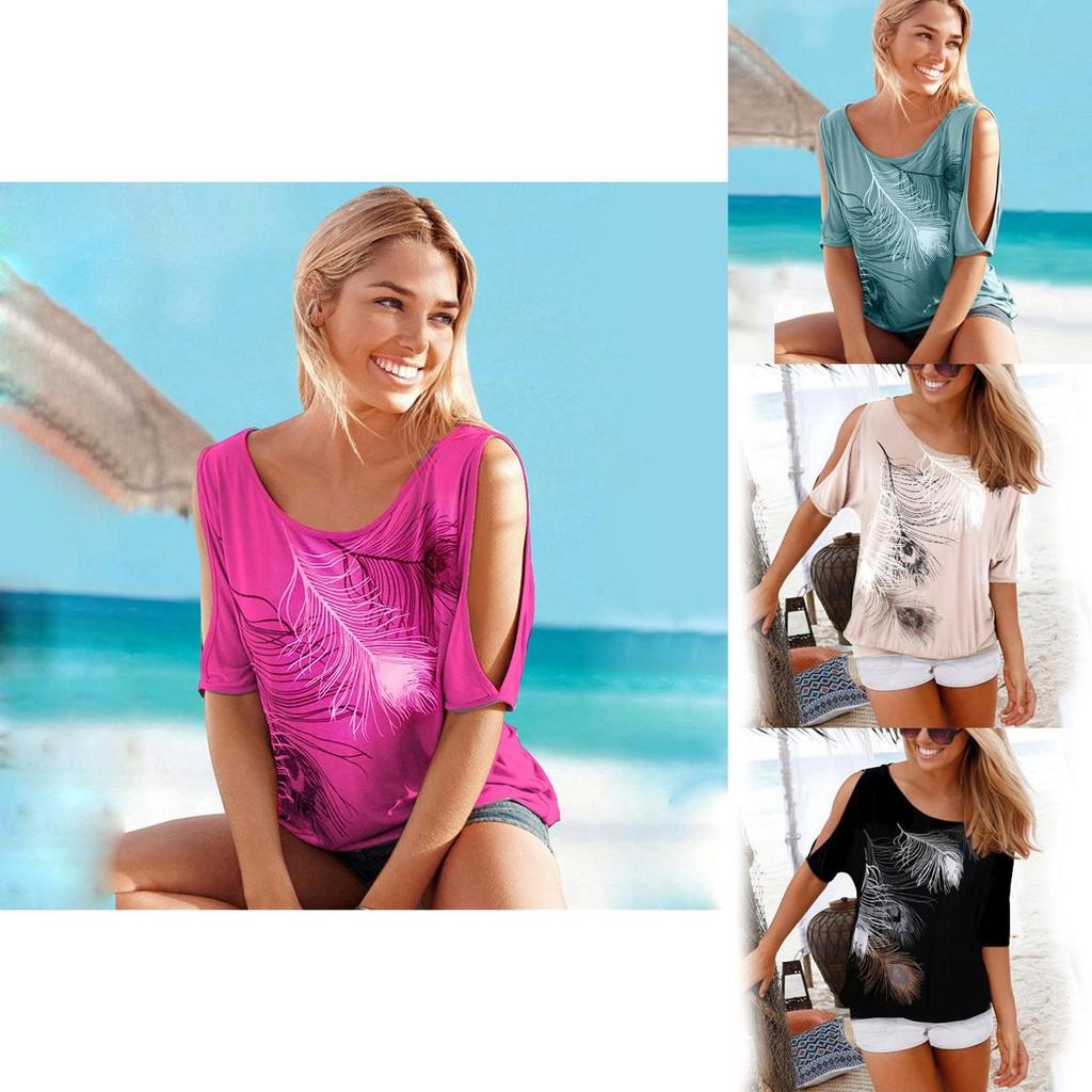 Summer Boho Women Cold Shoulder Feather Tshirt Blouse With Stylish Printing And Short Sleeve Design