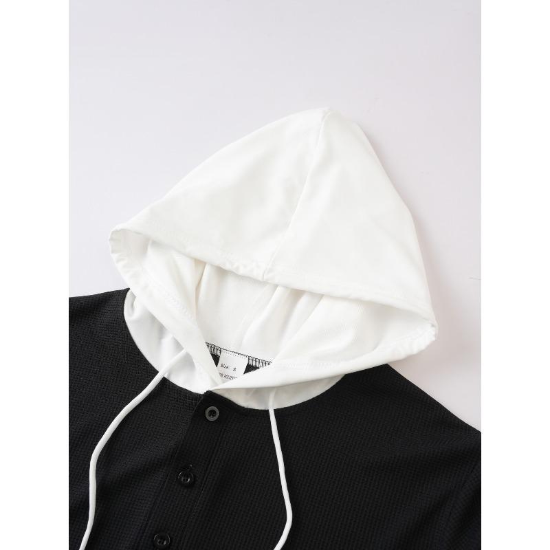 Men's Waffle Knit Color Block Hooded Drawstring Button Short Sleeve T-Shirt.