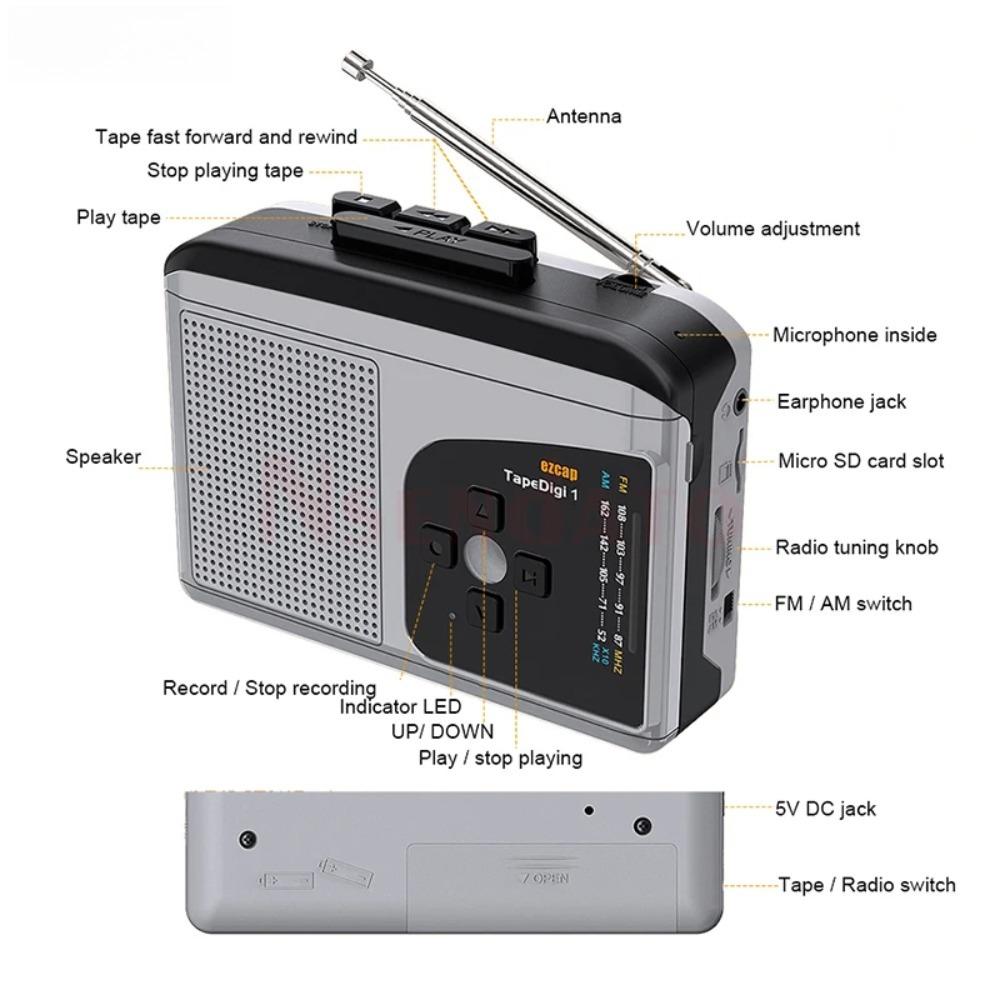 Ezcap234 Lecteur de Cassettes Audio Original vers Convertisseur MP3 avec Haut-parleur Radio AM/FM Enregistreur Cassette vers Carte TF Carte d'Acquisition Audio