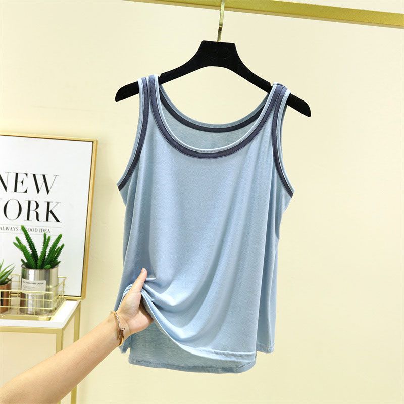 

Майка-топ из модала, женская летняя универсальная рубашка больших размеров с круглым вырезом и цветным блоком 2XL светло-синий