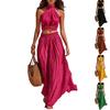 Women Sleeveless Halter Neck Twist Front Crop Top with Wide Leg Long Skirt Two Piece Set Summer Casual Vacation Outfit
