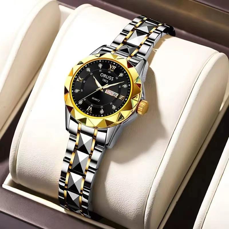 Women'S Fashion Rhombus Double Calendar Luminous Waterproof Quartz Watch Solid Belt