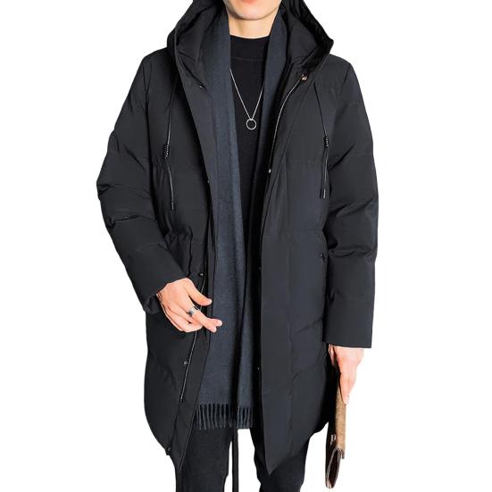 Men Cotton Coat Hooded Drawstring Long Sleeve Full Zipper Closure Cotton Jacket with Side Pockets Solid Color Mid-length Winter Outwear