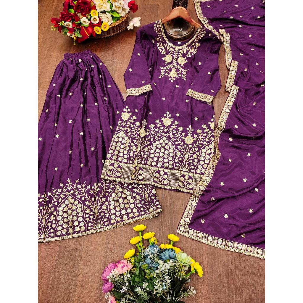 Presenting  New Designer Embroidered Chinon Sharara Suit With Sequence Embroidered Work