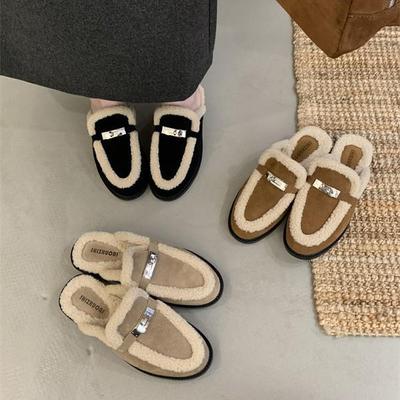 Chaussons mi-talons épais doublés de fourrure pour femmes, fermeture dorée, automne/hiver 2024