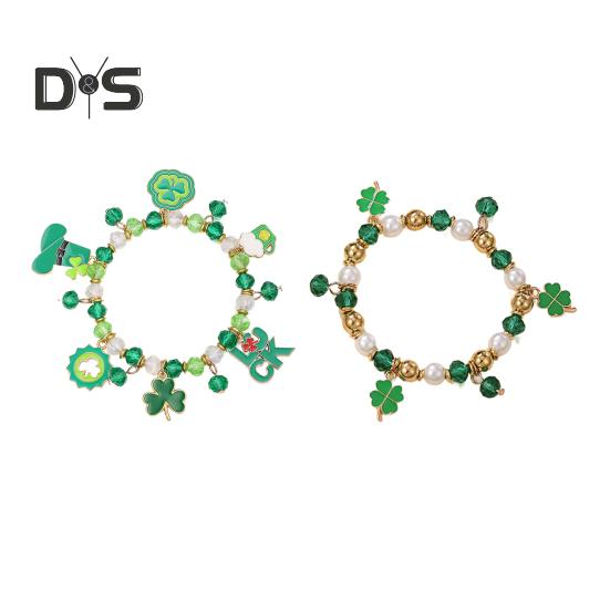 Kleeblatt-Armband St. Patricks Day Irischer Perlenschmuck mit Glasperlen und Anhängern, Glücksbringer-Armband für festliche Feiern, elastisches Kleeblatt