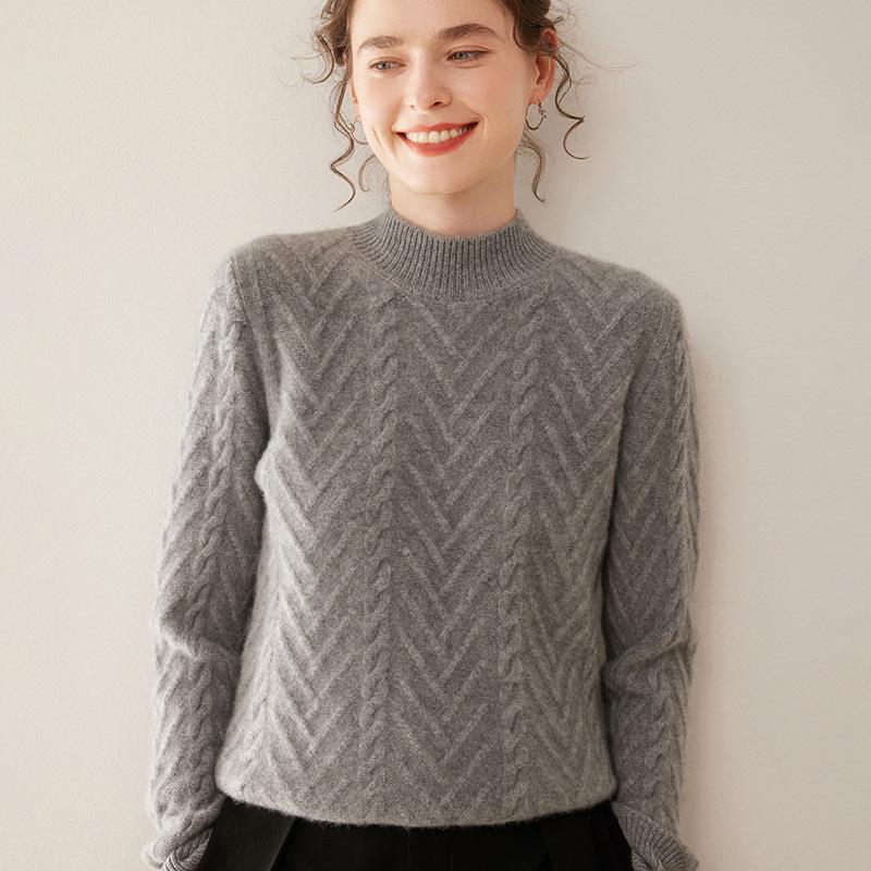 Women's Thickened Cable Knit Cashmere Sweater - Half-High Neck, Loose Fit, Solid Color, Perfect for Autumn and Winter.
